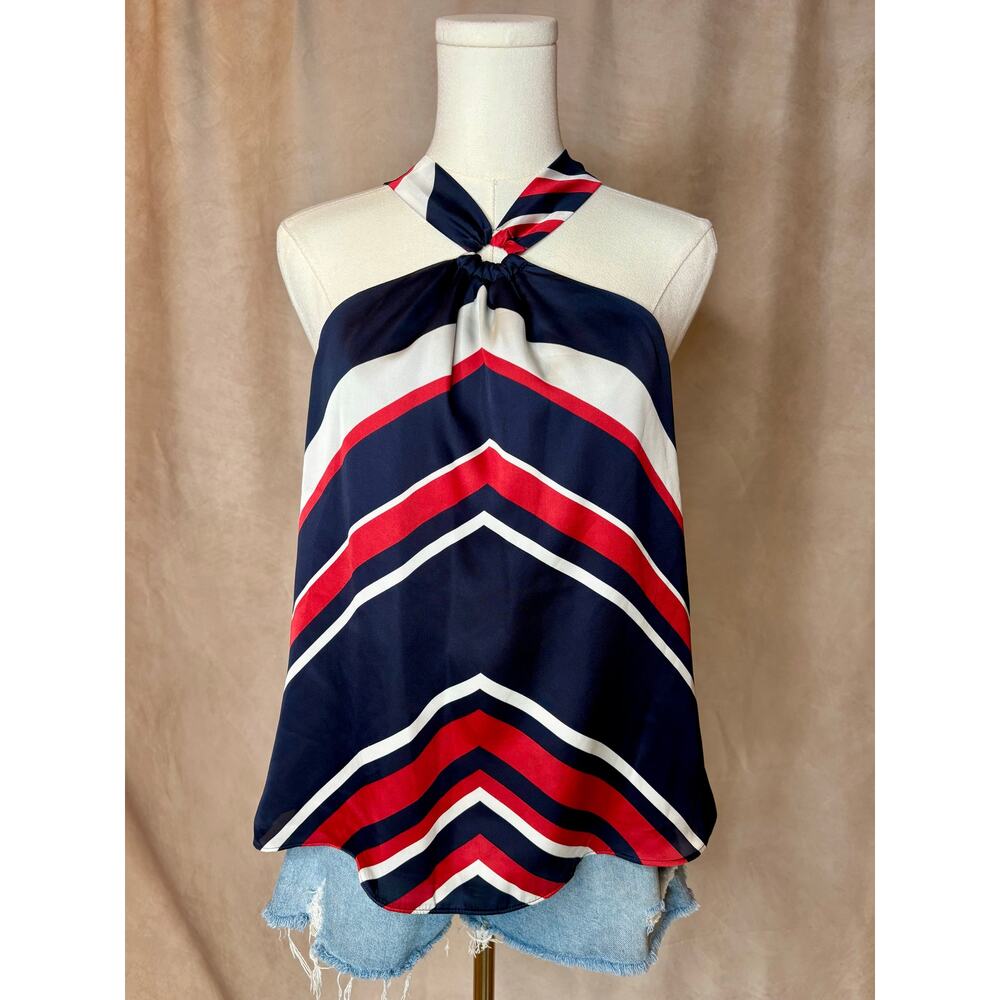 Chaps Halter Blouse Navy Red White Striped Tie Neck PL